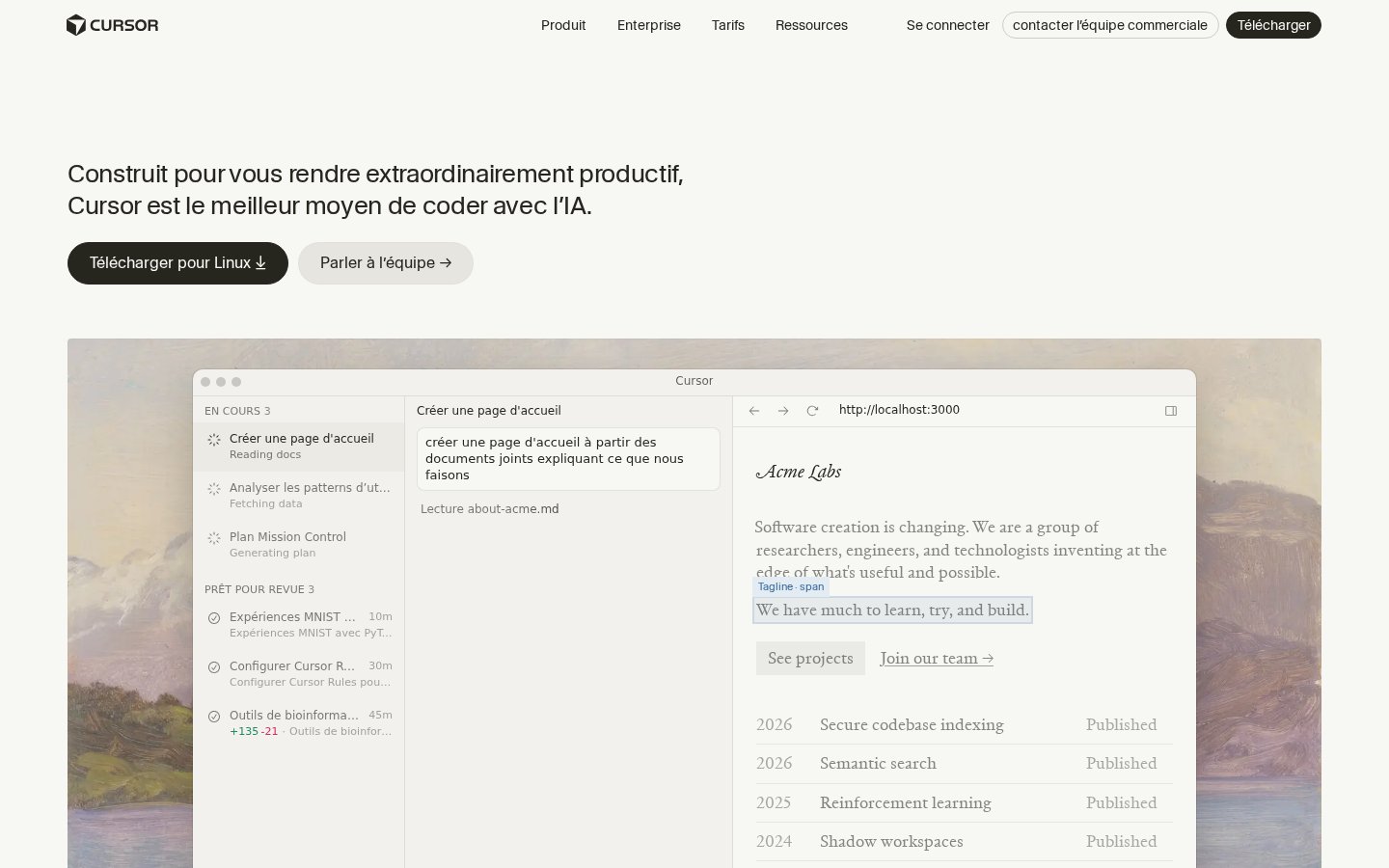 Interface Cursor — éditeur de code IA avec suggestions inline et chat contextuel