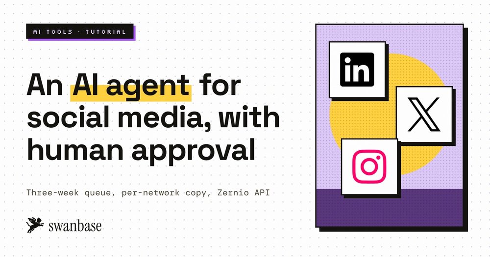 swanbase cover for the AI social media agent tutorial with human approval, with LinkedIn, X and Instagram logos