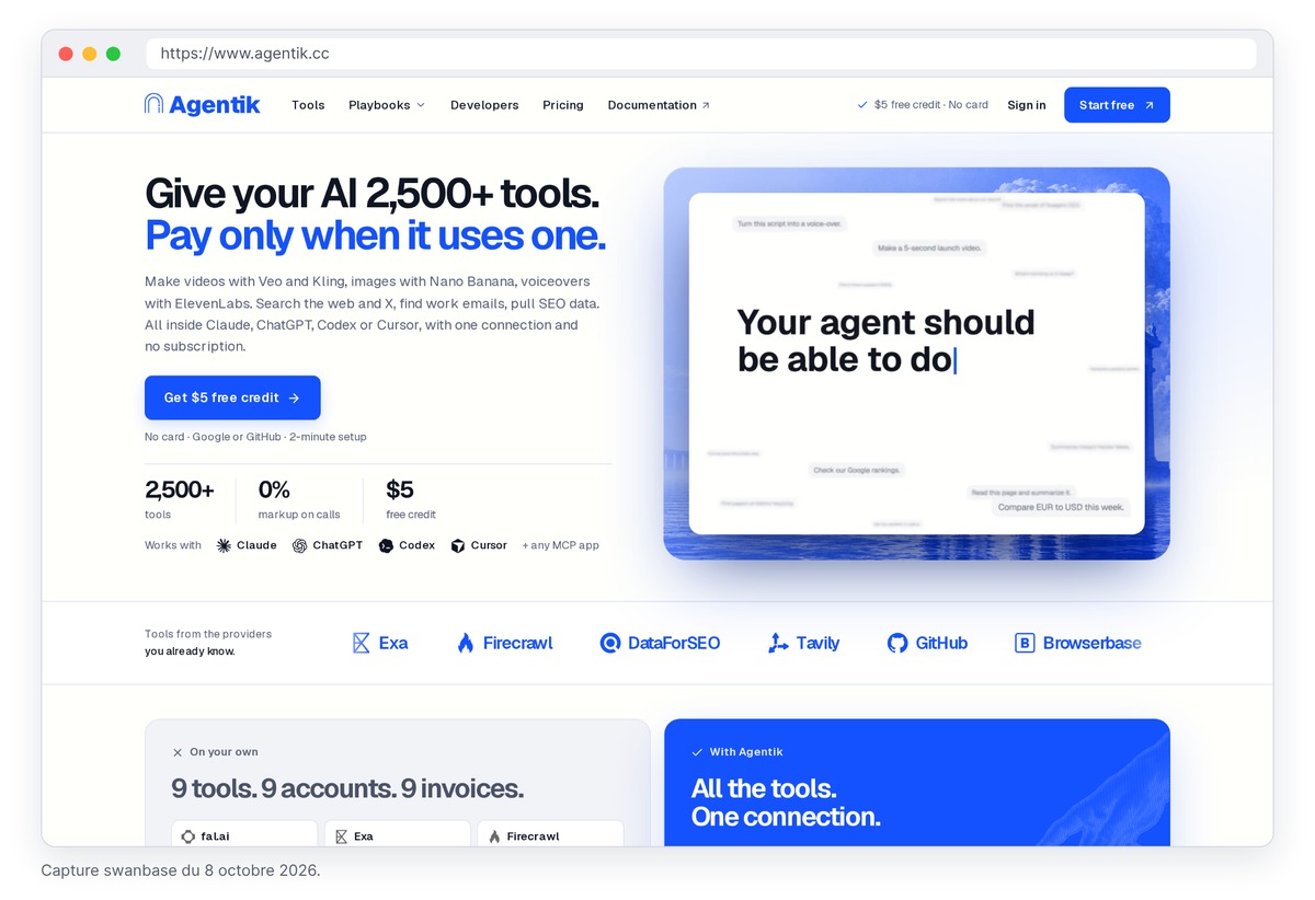Page d'accueil d'Agentik : « Give your AI 2,500+ tools. Pay only when it uses one. », avec les logos Claude, ChatGPT, Codex et Cursor