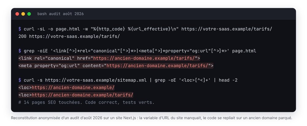 Capture de terminal anonymisée : curl montre une canonical, un og:url et un sitemap qui pointent vers un ancien domaine parqué sur 14 pages