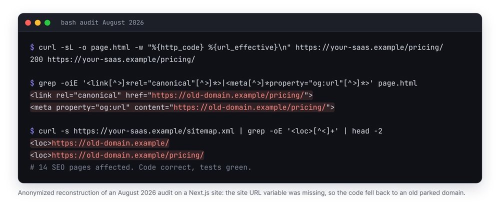 Anonymized terminal capture: curl shows a canonical, an og:url and a sitemap pointing to an old parked domain across 14 pages