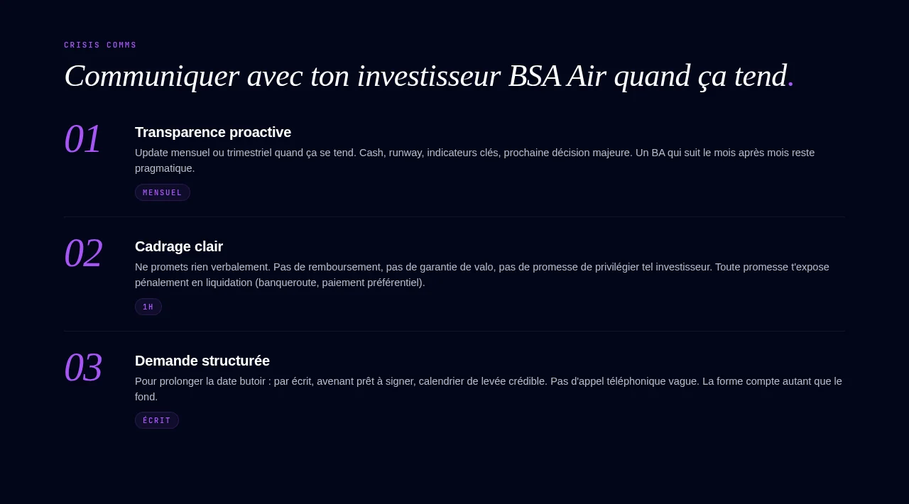Communiquer avec ton investisseur BSA Air quand ça tend