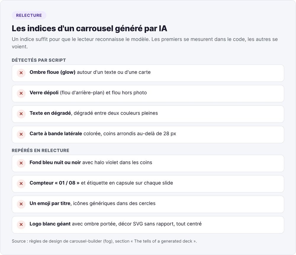 Les indices d'un carrousel généré par IA : glow, verre dépoli, texte en dégradé, bande latérale détectés par script, halo violet, compteur 01/08, emoji par titre et logo géant repérés en relecture