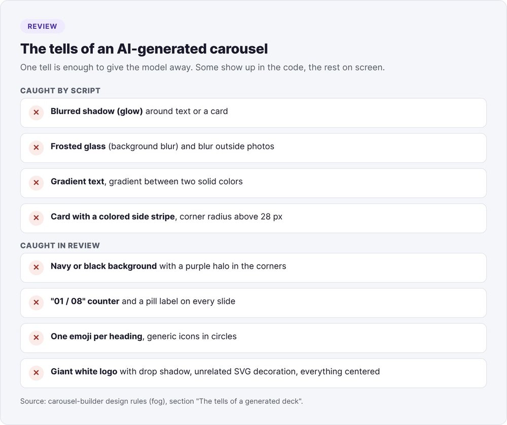 The tells of an AI-generated carousel: glow, frosted glass, gradient text and side stripe caught by script; purple halo, 01/08 counter, emoji per heading and giant logo caught in review