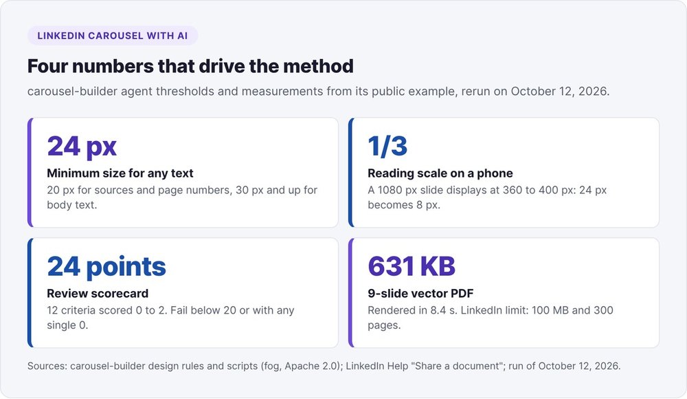 Four numbers from the AI LinkedIn carousel method: 24 px minimum for any text, slides read at a third of their size, a 24-point review scorecard, a 9-slide PDF at 631 KB