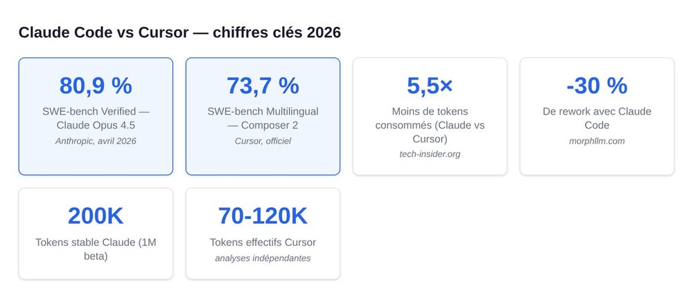Claude Code vs Cursor benchmarks SWE-bench, contexte, token efficiency, prix