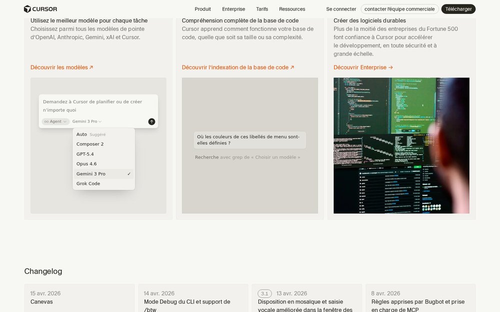 Page d'accueil Cursor cursor.com IDE IA en français
