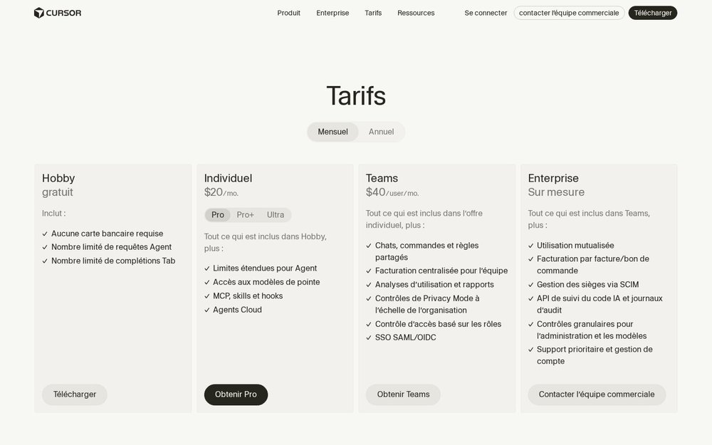Page tarifs Cursor Hobby Pro Business cursor.com en français