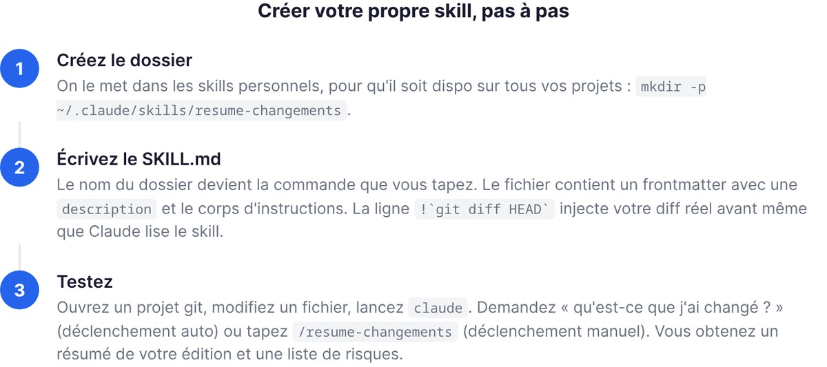 Créer votre propre skill en trois étapes : dossier, SKILL.md, test