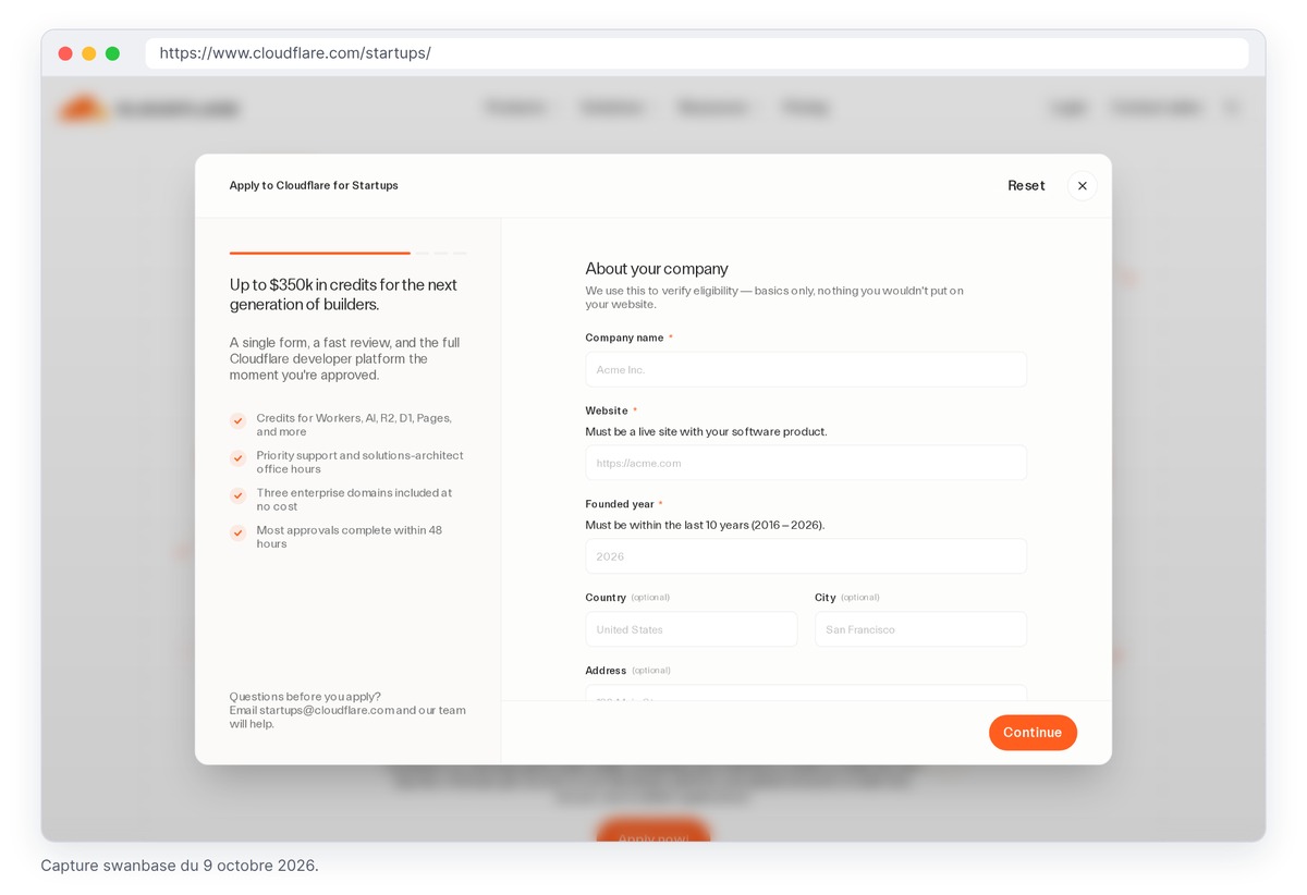 Capture du formulaire de candidature Cloudflare for Startups, première étape About your company