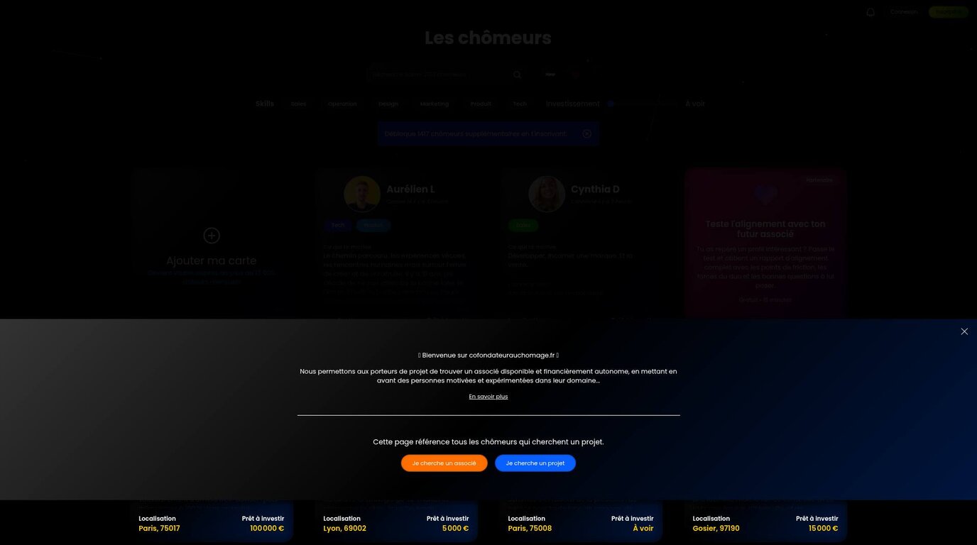 cofondateurauchomage.fr — header de la plateforme