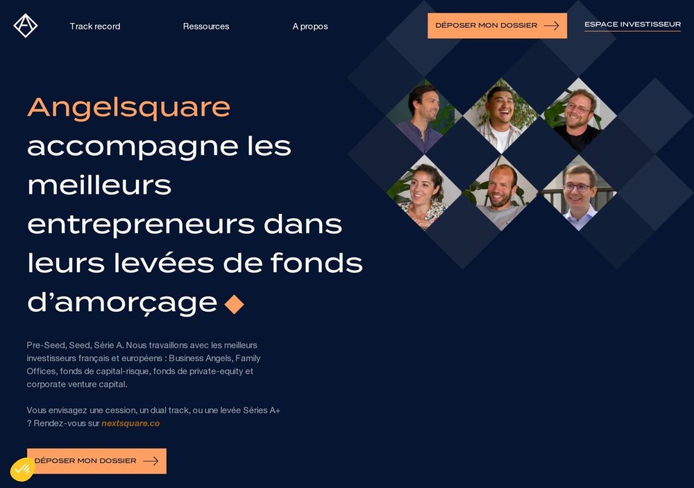 Page d'accueil Angelsquare, marketplace française d'investisseurs en amorçage