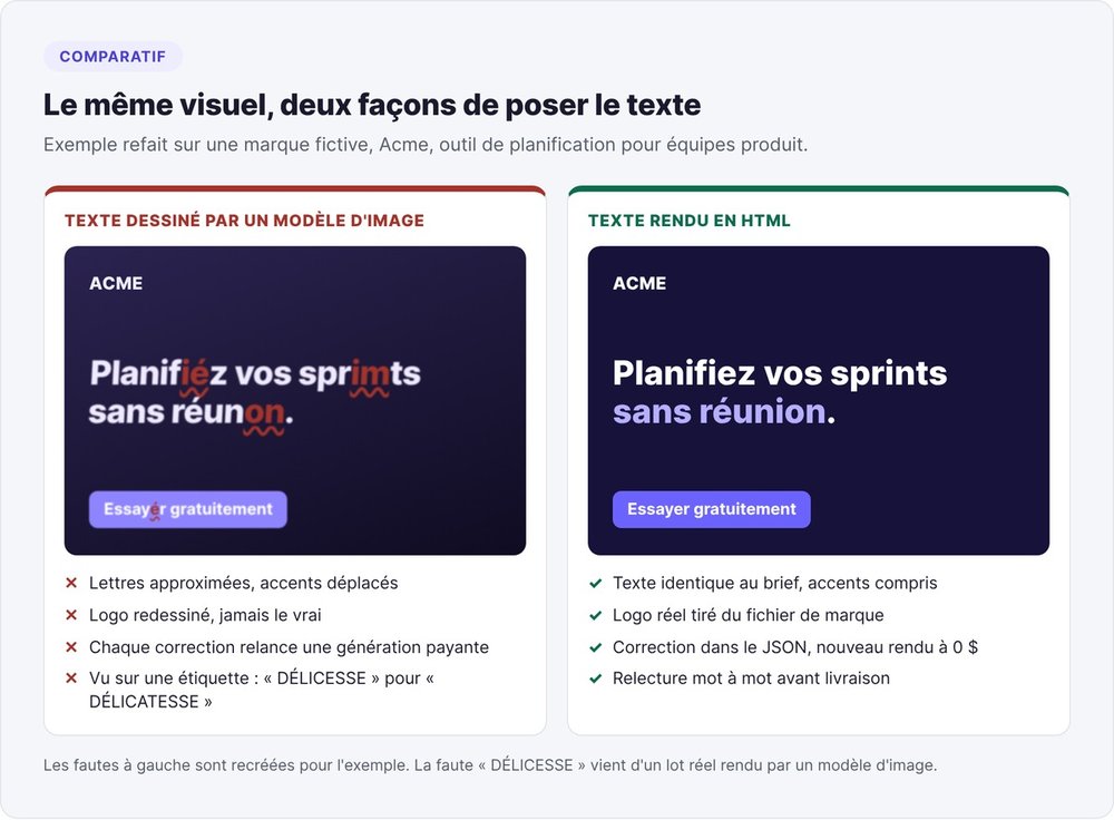 Comparatif sur une marque fictive : texte dessiné par un modèle d'image avec fautes, contre texte rendu en HTML identique au brief