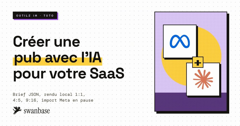 Couverture swanbase du tuto : créer une pub avec l'IA pour votre SaaS, avec les logos Meta et Claude