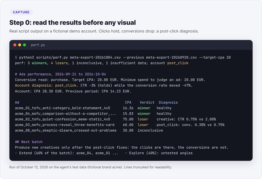Screenshot of perf.py output on a fictional account: post-click diagnosis, winning and losing ads against the target CPA
