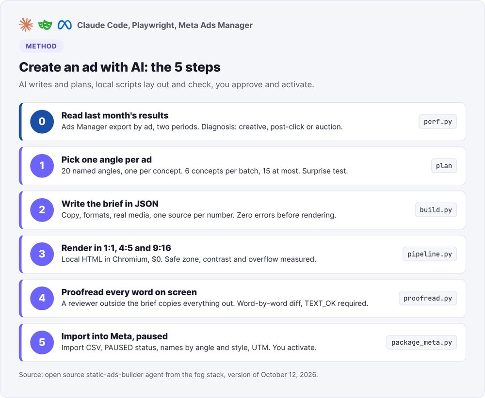 The five steps to create an ad with AI, preceded by reviewing results: angle, JSON brief, 1:1, 4:5 and 9:16 rendering, proofreading, paused Meta import