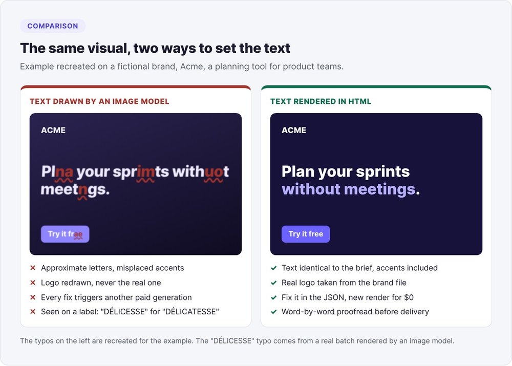 Comparison on a fictional brand: text drawn by an image model with typos, versus text rendered in HTML that matches the brief exactly