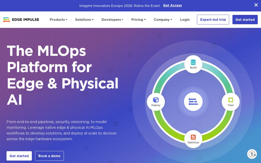 Capture de la page d'accueil d'Edge Impulse, plateforme MLOps pour l'edge et la Physical AI
