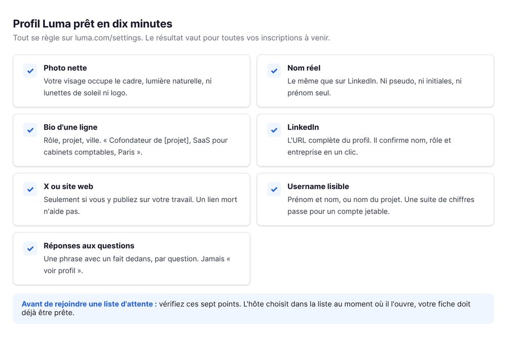 Checklist : profil Luma prêt en dix minutes, photo, nom réel, bio, LinkedIn, site, username, réponses