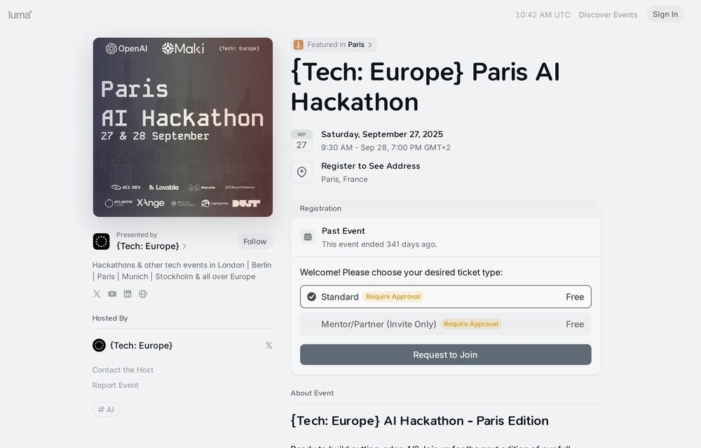 Capture de la page Luma du Paris AI Hackathon de Tech Europe : billets « Require Approval » et bouton « Request to Join »