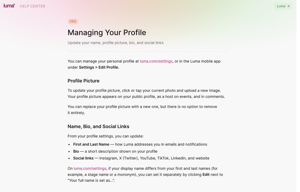 Capture de la page d'aide Luma « Managing Your Profile » : photo, nom, bio et liens sociaux