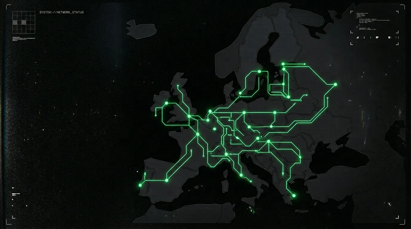 Illustration carte Europe avec connexions entre capitales symbolisant l'unification des statuts juridiques EU Inc