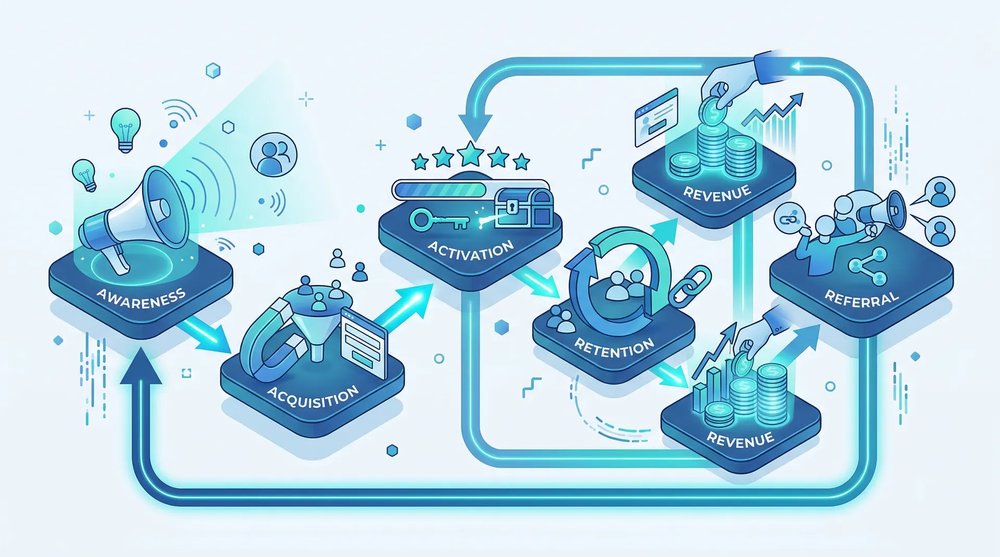 Schéma visuel du framework AARRR en 6 étapes avec icônes et flèches montrant les boucles de rétroaction