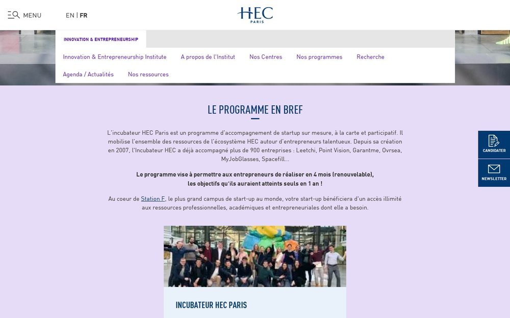Capture de la page officielle de l'Incubateur HEC Paris sur hec.edu : le programme en bref, créé en 2007, à Station F