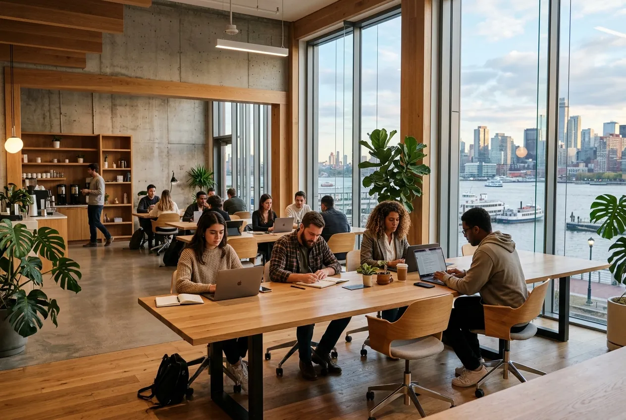 Photo de l'intérieur de H7 Lyon, espace de coworking avec vue sur la Confluence, style editorial