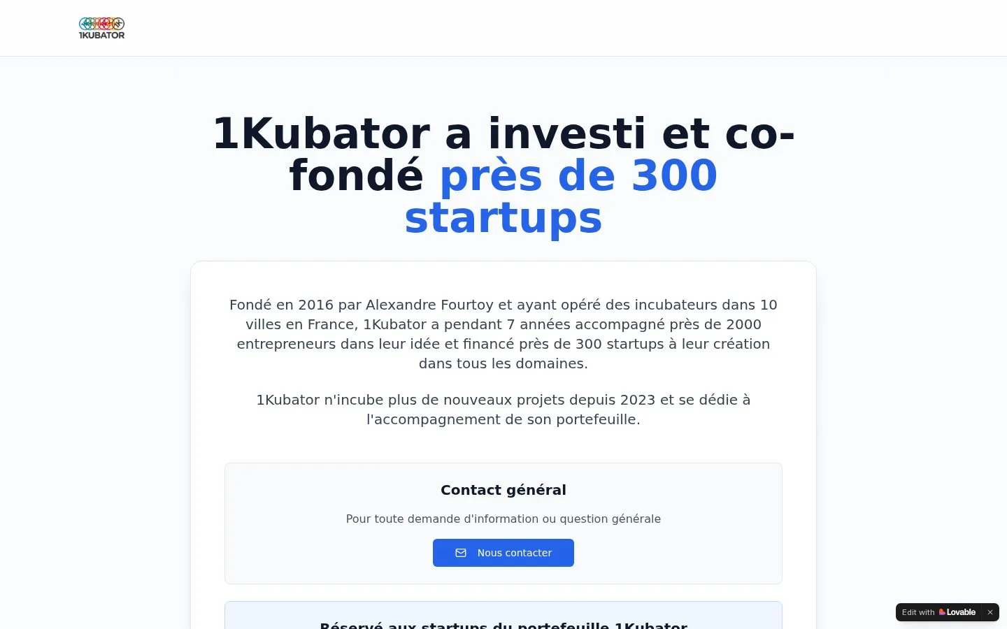 Site officiel 1Kubator — réseau national 200+ startups, financement 25 000€
