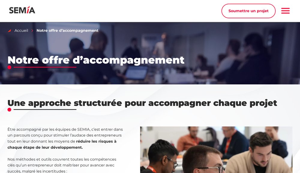 Capture de la page « Notre offre d'accompagnement » de SEMIA, incubateur de Strasbourg et Mulhouse