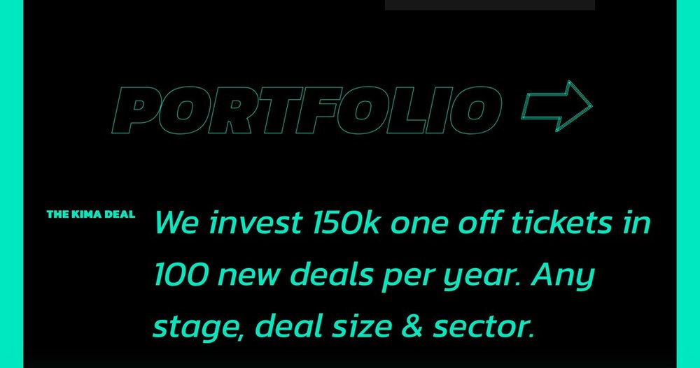 Capture du site de Kima Ventures : « We invest 150k one off tickets in 100 new deals per year »