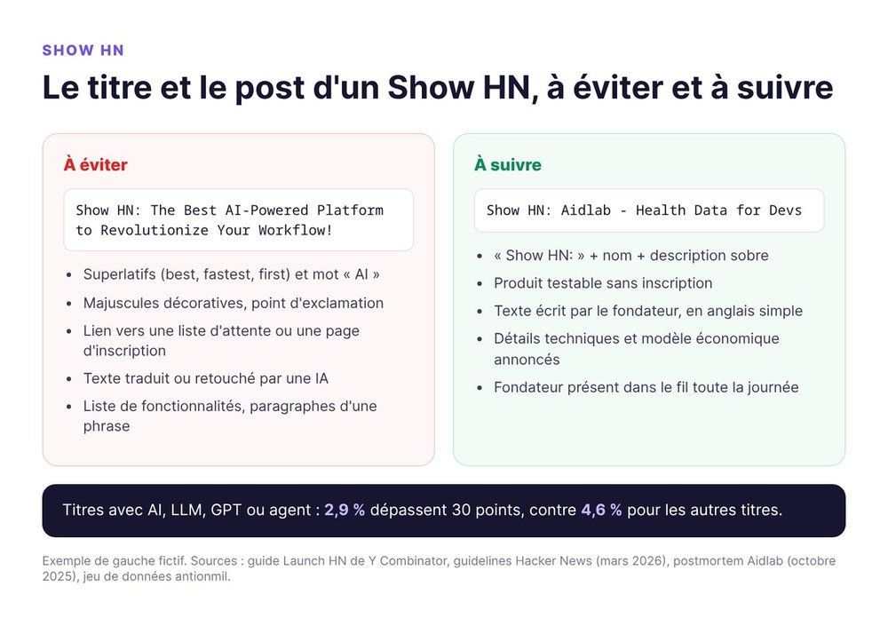 Titre et post d'un Show HN à éviter et à suivre, avec l'exemple Aidlab - Health Data for Devs et l'écart de 2,9 % contre 4,6 % pour les titres contenant AI