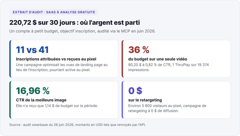 Audit Meta Ads d'un SaaS à analyse gratuite : 11 inscriptions attribuées contre 41 au pixel, une vidéo à 36 % du budget, une image à 16,96 % de CTR