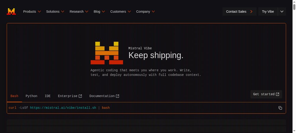 Capture du site officiel Mistral Vibe : "Keep shipping" et commande d'installation