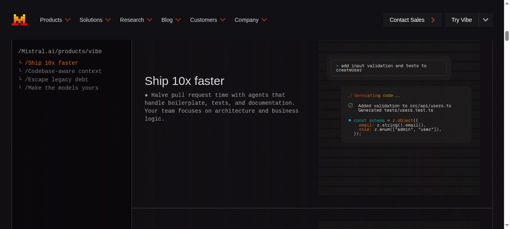 Page produit Mistral Vibe : "Ship 10x faster" avec interface arborescente du codage agentique