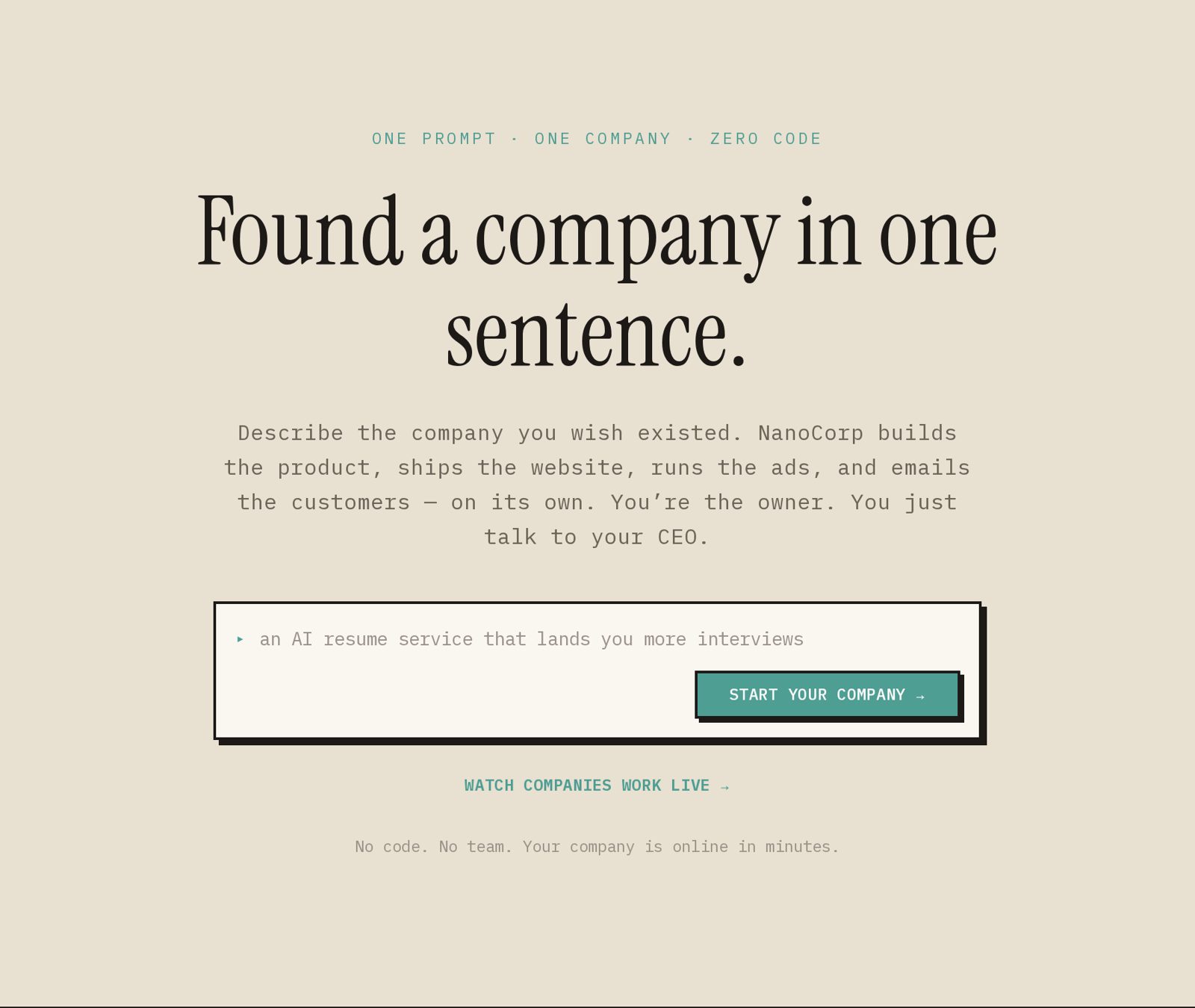 Page d'accueil de NanoCorp : "Found a company in one sentence"