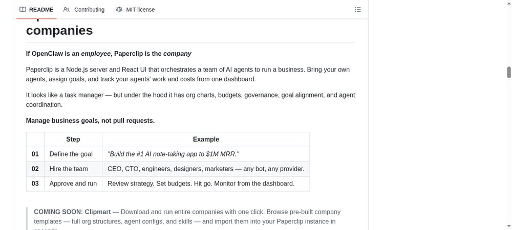 Paperclip GitHub README — workflow en 3 étapes : définir l'objectif, recruter l'équipe, approuver et lancer