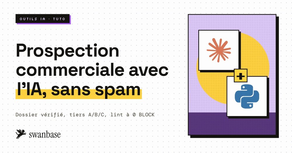 Couverture swanbase du tuto prospection commerciale avec l'IA sans spam : dossier vérifié, tiers A/B/C, lint à 0 BLOCK