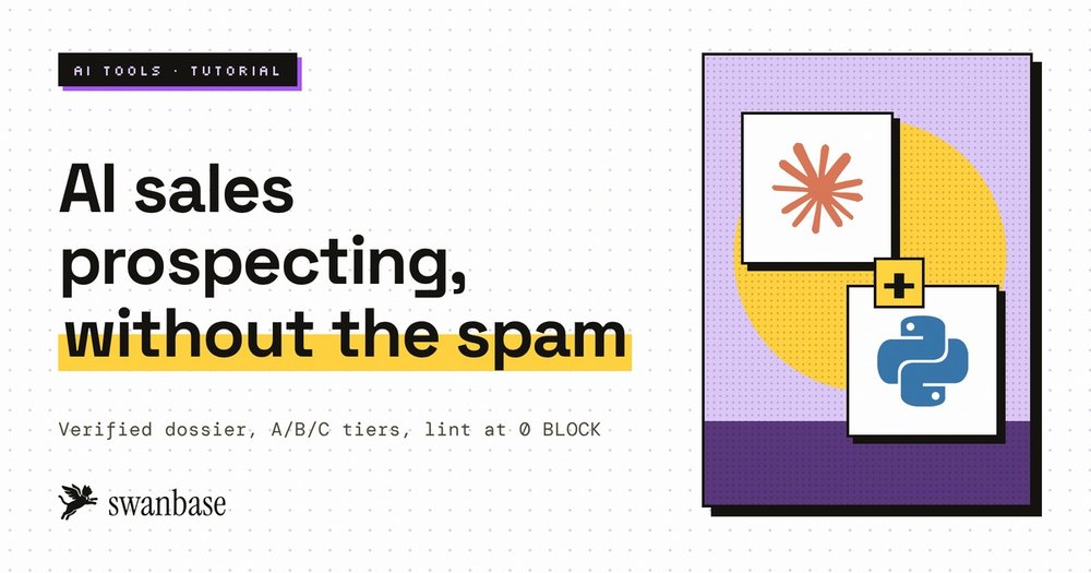 swanbase cover for the tutorial on spam-free AI sales prospecting: verified dossier, A/B/C tiers, lint at 0 BLOCK
