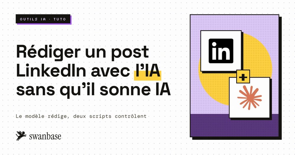 Couverture swanbase du tuto : rédiger un post LinkedIn avec l'IA sans qu'il sonne IA, le modèle rédige et deux scripts contrôlent