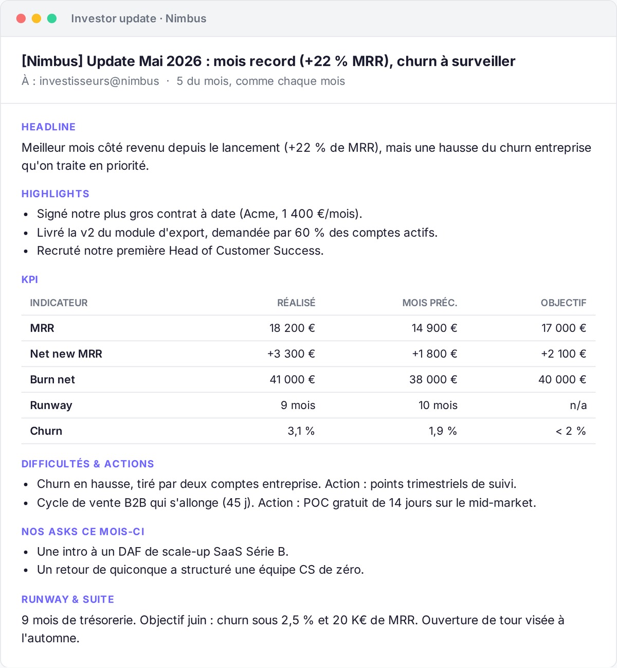 Exemple d'email de reporting investisseurs mensuel mis en page