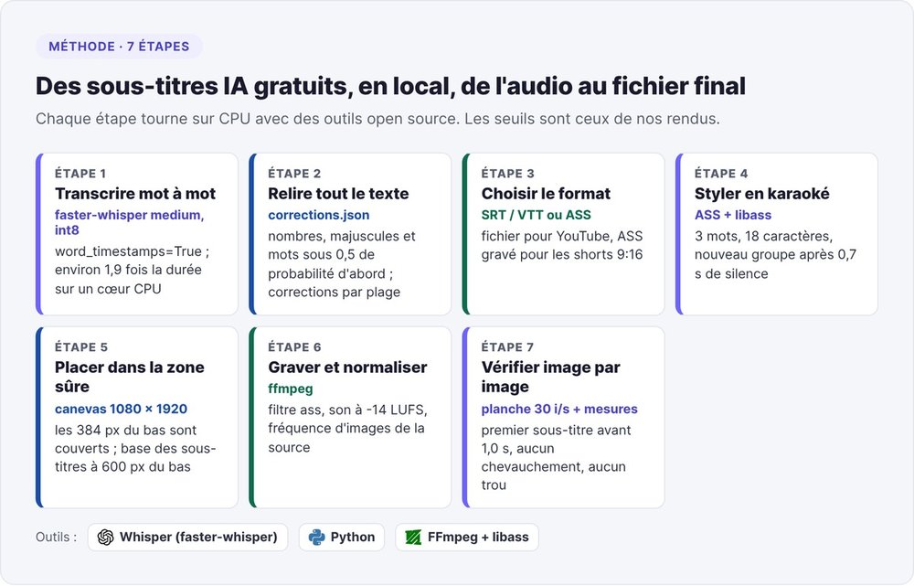 Les 7 étapes pour des sous-titres IA gratuits en local, de la transcription faster-whisper à la vérification image par image, avec l'outil et le seuil de chaque étape