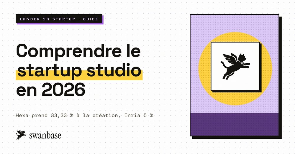 Couverture swanbase du guide startup studio : définition, fonctionnement, part du capital prise par Hexa et Inria, liste des studios en France