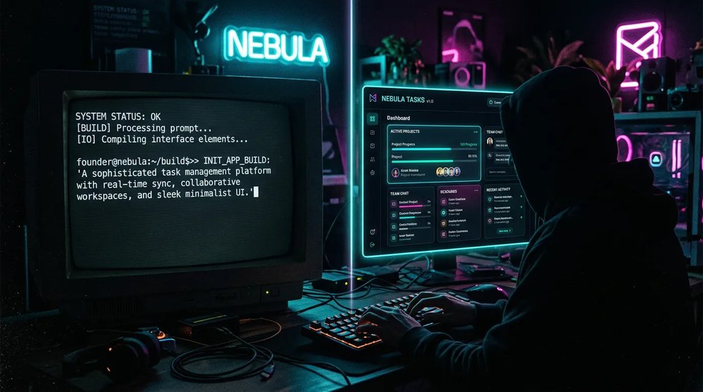 Fondateur de startup devant un terminal, code généré automatiquement par l'IA