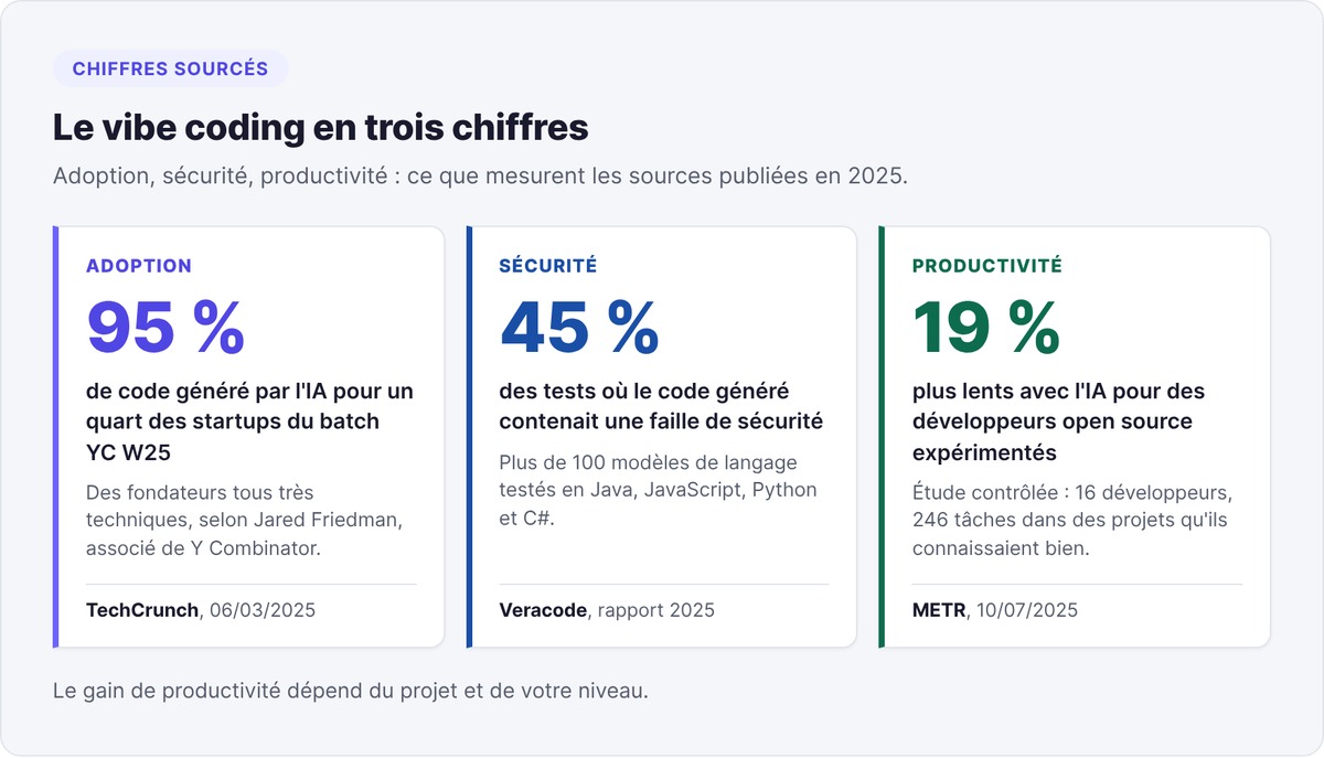 Three sourced figures on vibe coding: 95% generated code in a quarter of the YC W25 batch, 45% of tests with a flaw according to Veracode, developers 19% slower according to METR