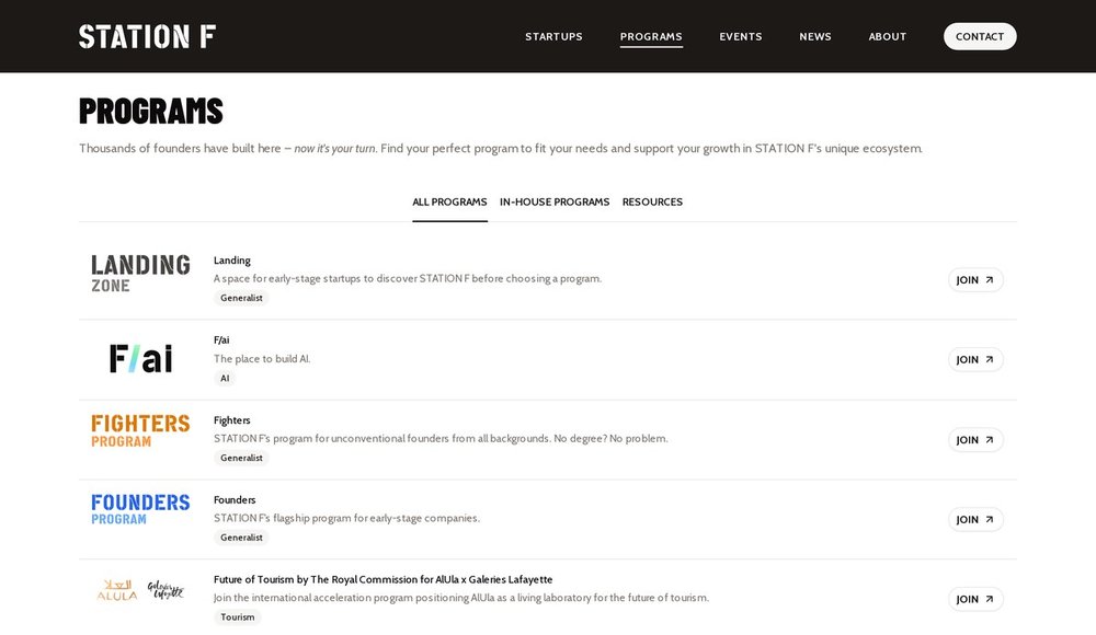 Capture de la page officielle des programmes de Station F, listant Landing, F/ai, Fighters et Founders
