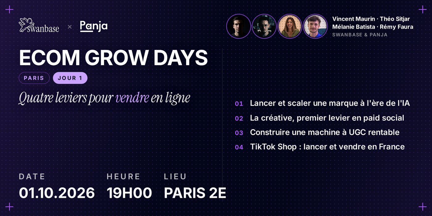 ECOM GROW DAYS, deux soirées swanbase × Panja à Paris 2e, avec Vincent Maurin, Théo Sitjar, Mélanie Batista et Rémy Faura
