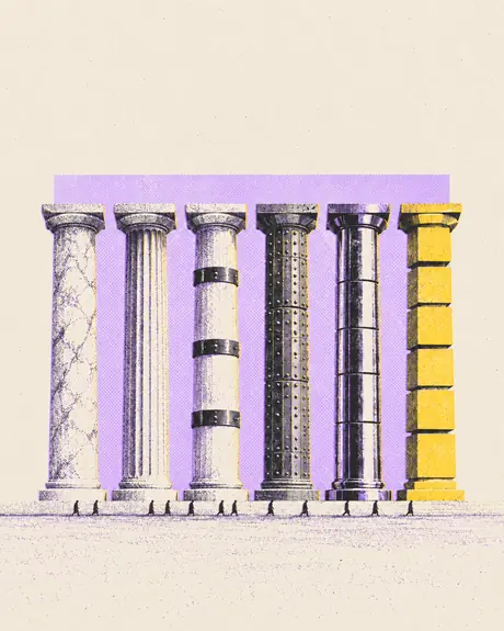 Six colonnes, du marbre brut à des blocs jaunes, une par journée de build