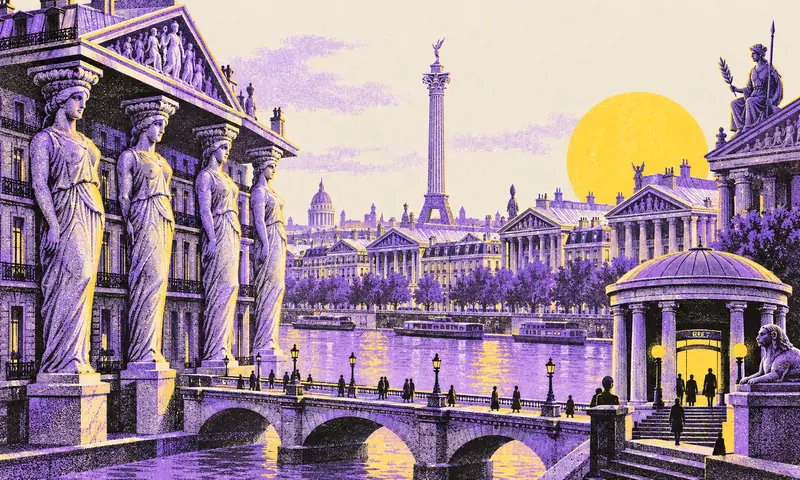 Paris en acropole : cariatides, Seine violette et soleil jaune